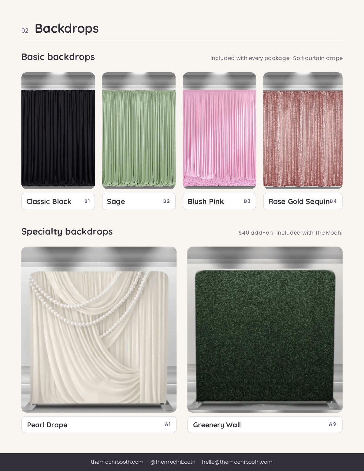 Backdrops: Classic Black, Sage, Blush Pink and Rose Gold Sequin curtains, plus Pearl Drape and Greenery Wall specialty backdrops